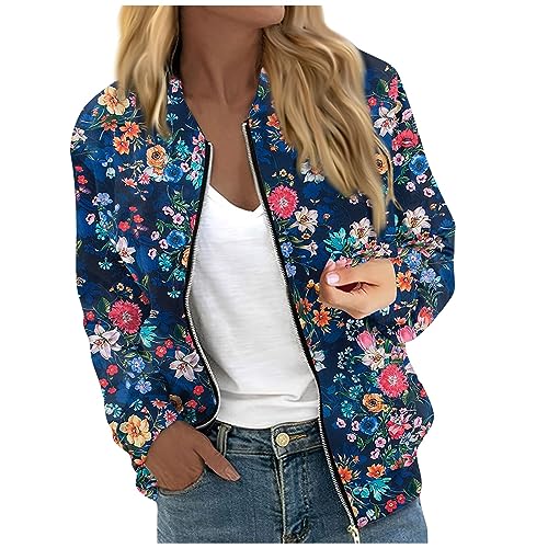 DüNne Jacke Damen,Bomberjacke Damen,Bomberjacke Damen Casual Sommer Übergangsjacke Sommerjacke mit Reißverschluss Langarm Leichte Pilotenjacke Kurze,blau,L von Generic