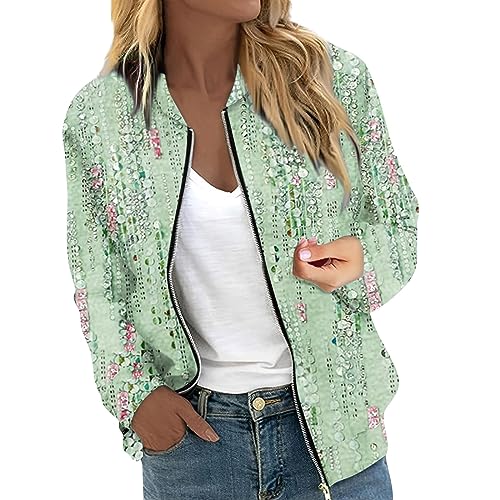 DüNne Jacke Damen,Damen Jacke Sommer Leicht,Bomberjacke Damen Casual Sommer Übergangsjacke Sommerjacke mit Reißverschluss Langarm Leichte Pilotenjacke Kurze,Grün,L von Generic