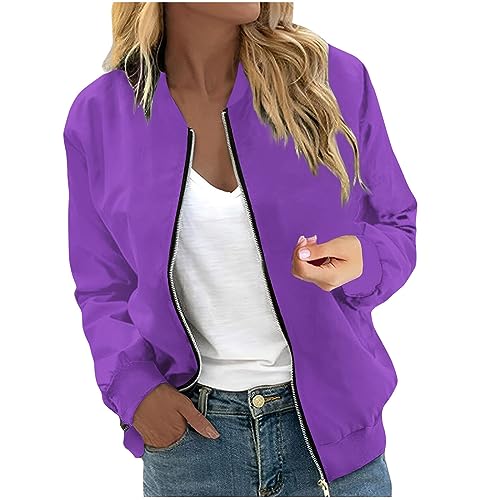 DüNne Jacke Damen,Damen Jacke Sommer Leicht,Bomberjacke Damen Kurze Blouson Jacke Casual Pilotenjacke Langarm Outwear Zip Up Solid Leichte Coat Frühlings Sweatjacke,Violett,M von Generic