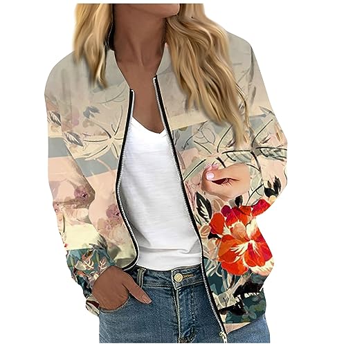 DüNne Jacke Damen,Jacke Damen,Bomberjacke Damen Blumenmuster Leichte Sommerjacke Sommer Reißverschluss Kurz Pilotenjacke Dünne Langarm Übergangsjacke College Jacke,Beige,L von Generic