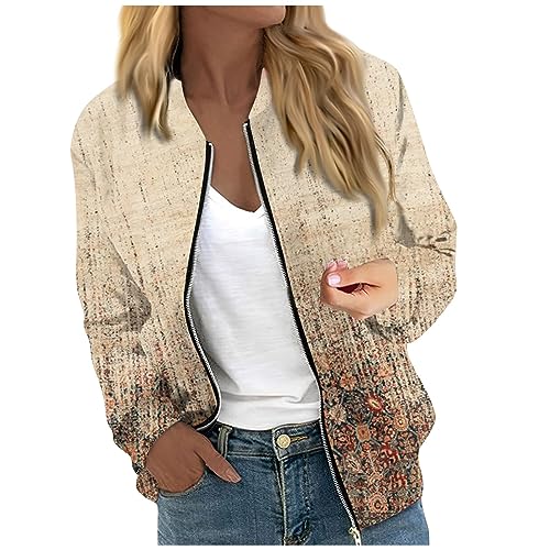 DüNne Jacke Damen,Jacken Damen üBergangsjacken,Bomberjacke Damen Casual Sommer Übergangsjacke Sommerjacke mit Reißverschluss Langarm Leichte Pilotenjacke Kurze,Beige,M von Generic