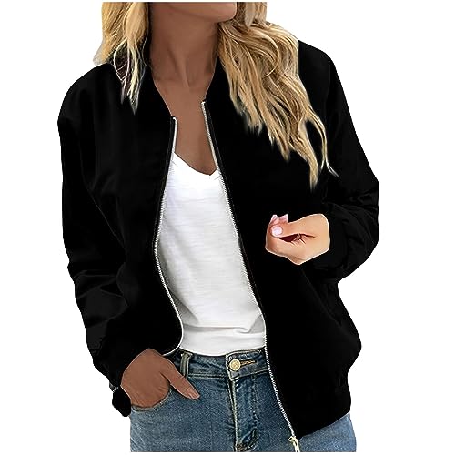 DüNne Jacke Damen,Sommerjacke Damen,Bomberjacke Damen Blumenmuster Coat Sommer Reißverschluss Jacke Mädchen Sommerjacke Leichte Pilotenjacke Langarm Fliegerjacke,Schwarz,M von Generic