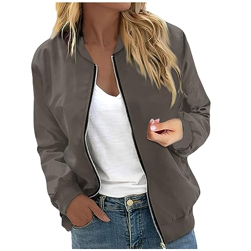 DüNne Jacke Damen,üBergangsjacke Damen,Bomberjacke Damen Kurze Blouson Jacke Casual Pilotenjacke Langarm Outwear Zip Up Solid Leichte Coat Bequeme Sweatjacke,grau,M von Generic