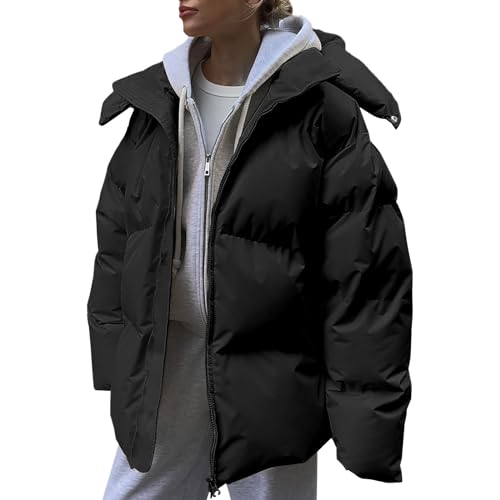 DüNne Jacke Damen Schwarze Steppjacke Damen Damen-Winter-Verdickungsmäntel, warme Fleece-Baumwoll-Parka-Jacke mit Abnehmbarer Kapuze Winterjacke Damen Puffer Jacke Damen GroßE GrößEn (Black, M) von Generic