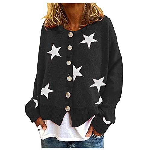 DüNne Strickjacke Damen Damen Warm Fashion Pullover Cardigans Star Printing Langarm O-Neck Pullover Cropped Button Sweater Top Cardigan Damen Elegant 𝐋ang (Black, L) von Generic