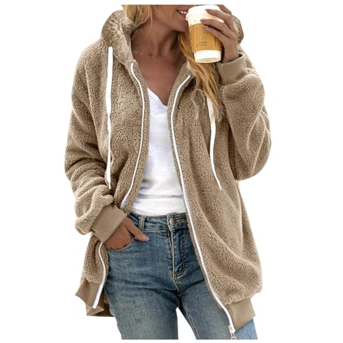 Dünne Fleecejacke Damen Wandern,Kapuzenjacke Teddy Plüsch Übergangsjacke Flauschiger Kapuzenpullover Winddicht Warm Winterjacke Langarm Hooded Sweatjacke Sportlich Trainingsjacke von Generic