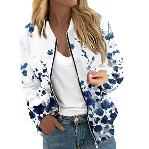 Dünne Jacke Damen,College Jacke Damen,Damen Bomberjacke Ladies Light Bomber Jacket leichte Fliegerjacke Blouson Pilotenjacke Kurzjacke Damenjacke College Jacke mit Taschen,Blau,L von Generic