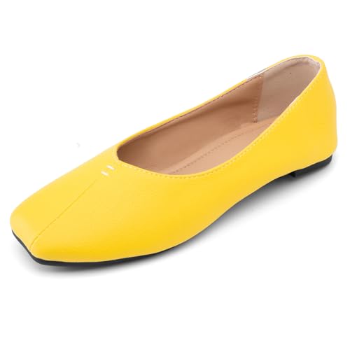 Dünnsohle & Geprägtes Leder Ballerinas Damen (Größen 32-54) 1cm Quadratspitze Schlupfschuhe - Leicht Weite Passform Frühling & Herbst,Gelb,38 EU von Generic