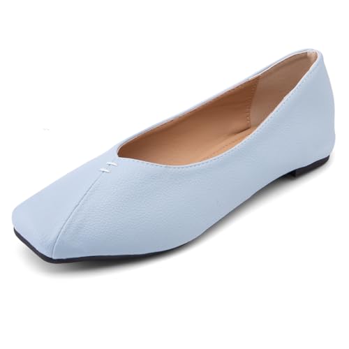 Dünnsohle & Geprägtes Leder Ballerinas Damen (Größen 32-54) 1cm Quadratspitze Schlupfschuhe - Leicht Weite Passform Frühling & Herbst,Sky Blue,39 EU von Generic
