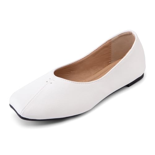 Dünnsohle & Geprägtes Leder Ballerinas Damen (Größen 32-54) 1cm Quadratspitze Schlupfschuhe - Leicht Weite Passform Frühling & Herbst,Weiß,38 EU von Generic