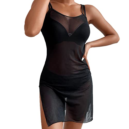 Durchsichtiges Bikini Cover Up Strandkleid Damen Sexy Schwarz Kleid Minirock Halbtransparentes Feines Netz Minikleid Strandkleid Sommertop Boho Strandurlaub Bademode von Generic
