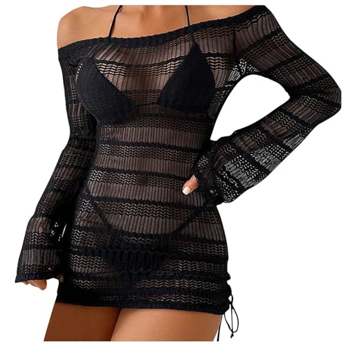 Durchsichtiges Blusenkleid Sexy für Damen Schwarz Kleid Minirock mit Langen Ärmeln Bikini Cover Up Halbtransparentes Feines Netz Schulterfrei Minikleid Netz Shirt Strandkleid Sommertop von Generic