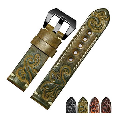 EDVTK35 Handgemachte Retro geschnitztes echtes Leder Armband 18 20 22 24mm Schwarz Rot Armband Ersatzgurt Compatible with Herrenuhr Zubehör(Yellow Black A,24mm) von Generic