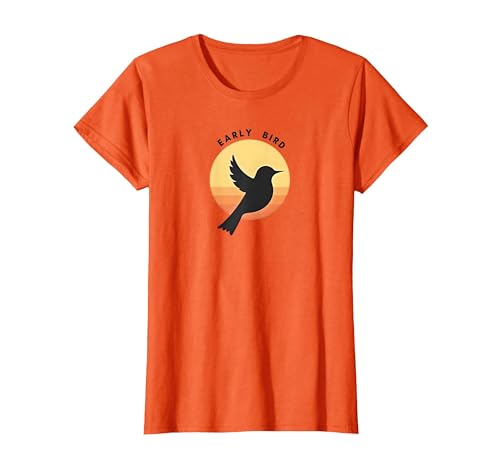 Early Bird Sonnenaufgang Silhouette Retro Natur T-Shirt, Damen, Orange, XXL Early Bird Sonnenaufgang Silhouette Retro Natur T-Shirt, Damen, Orange, XXL von Generic