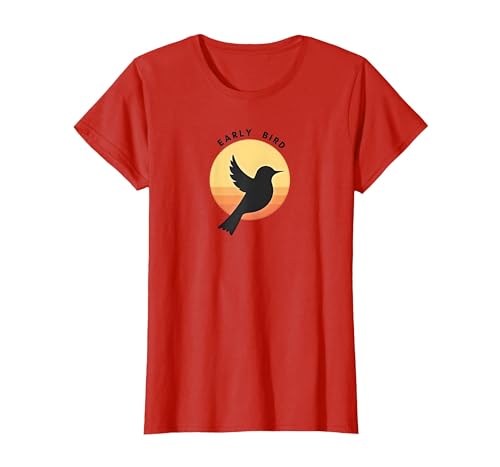 Early Bird Sonnenaufgang Silhouette Retro Natur T-Shirt, Damen, Rot, M von Generic