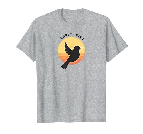 Early Bird Sonnenaufgang Silhouette Retro Natur T-Shirt, Herren, Grau Meliert, 5XL von Generic