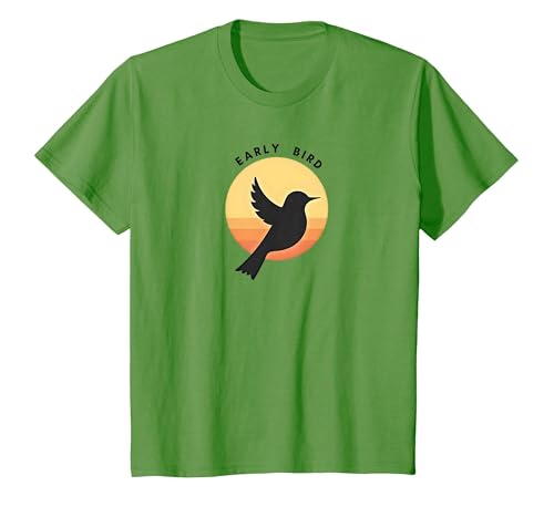 Early Bird Sonnenaufgang Silhouette Retro Natur T-Shirt, Kinder, Hellgrün, 140 von Generic