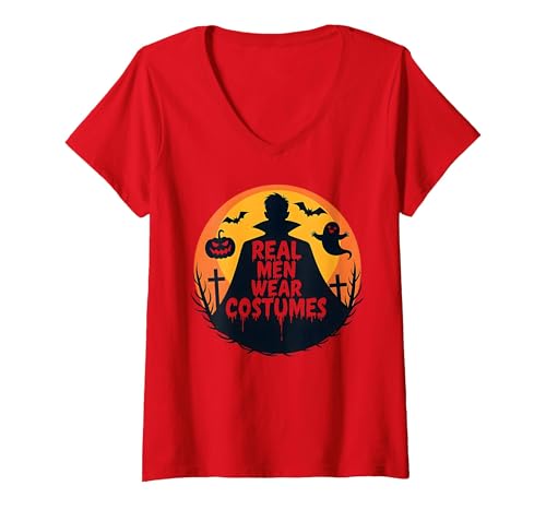 Echte Männer tragen Kostüme: Gruseliger Halloween-Enthusiast T-Shirt mit V-Ausschnitt, Damen, Rot, M von Generic