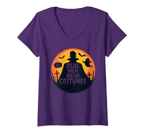 Echte Männer tragen Kostüme: Gruseliger Halloween-Enthusiast T-Shirt mit V-Ausschnitt, Damen, Violett, XXL Echte Männer tragen Kostüme: Gruseliger Halloween-Enthusiast T-Shirt mit V-Ausschnitt, Damen, Violett, XXL von Generic