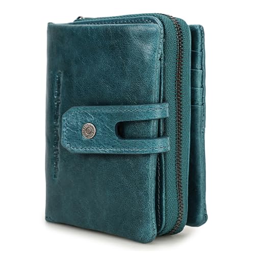 Echtleder Damen Trifold Wallet - Kompakter Münzkartenhalter mit 10 Kartenfächern, 2 Geldscheinfächern, Münzfach mit Reißverschluss, Blau, Einfarbig von Generic