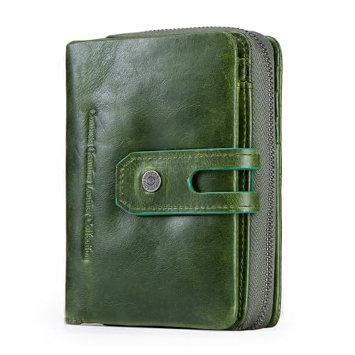 Echtleder Damen Trifold Wallet - Kompakter Münzkartenhalter mit 10 Kartenfächern, 2 Geldscheinfächern, Münzfach mit Reißverschluss, Grün , Einfarbig von Generic
