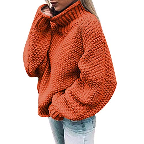 Einfarbig Rollkragenpullover Damen, Pullover Damen Winter Elegant, Lose Casual Tailliertes Langarm Strickpullover Damen Thermo Winterpullover Frühling Herbst Grobmaschig Pullover Damen, Orange XL von Generic