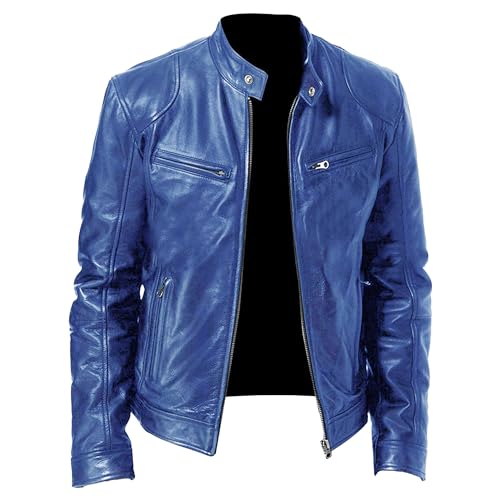 Einfarbige PU-Lederjacke für Männer Stehkragen Motorrad Biker Mäntel Warm Winter Punk Slim Bomber Outwear (Blau1,S) von Generic