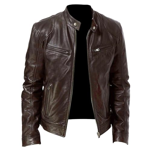 Einfarbige PU-Lederjacke für Männer Stehkragen Motorrad Biker Mäntel Warm Winter Punk Slim Bomber Outwear (Kaffee,L) von Generic