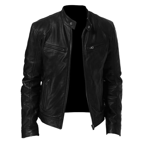 Einfarbige PU-Lederjacke für Männer Stehkragen Motorrad Biker Mäntel Warm Winter Punk Slim Bomber Outwear (Schwarz,M) von Generic