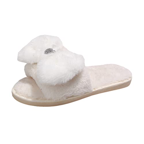 Einfarbige Plüsch Damen Hausschuhe mit Strass Liebe Schleife Dekoration Offene Spitze Flache Sohle Lässige Baumwollpantoletten (White, 41) von Generic