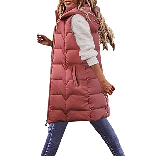 Einfarbiger Mantel für Damen, lässig, ärmellos, warm, Wintermäntel, Reißverschluss, mit Kapuze, Tasche, lange, weiche, modische Manteljacke Wetter Mantel Damen (Pink, XXXL) von Generic