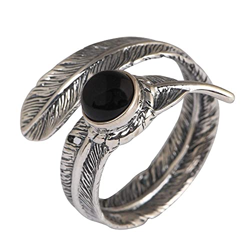 Einstellbare Ring Frauen,S925 Sterling Silber Vintage Feder Eingelegt Schwarz Rund Achat Stein Charme Verstellbar Open Knuckle Schwanzring Finger Joint Zehenring Schmuck F von Generic