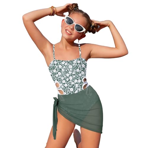 Einteiliger Badeanzug für Mädchen,Mädchen Badeanzug mit Mesh Rock Einteiliger Bademode Set Blumen Cut Out Schwimmanzug Kinder Badebekleidung 7-16 Jahre von Generic