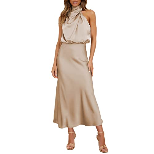 Elegant Abendkleider Damen Ärmellos Satin Kleid Neckholder Brautjunferkleid Damen Elegant Lange Ballkleider Hochkragen Hochzeitskleid Satin Abendkleider Lang Brautjungfer Kleid (Beige, S) von Generic