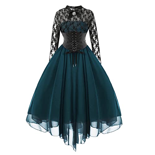 Elegant Damen Kleid Mittelalter Gothic Kleider Steampunk Lace Up Kostüm intage Langarmkleid mit Spitzenärmeln Partykleider Vintage Schwarz Hexenkleid Renaissance Vampir Kleidung von Generic