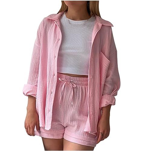 Elegant Hosenanzug Damen Musselin Zweiteiler Langarm Revers Bluse Button Down Hemd und Shorts Set Festival Outfit 2 Teilige Freizeitanzug Loungewear Y2k Streetwear Musselinbluse Hose Leicht Tracksuit von Generic