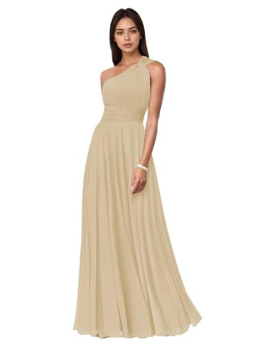 Elegant One-Shoulder-Kleid Chiffon Brautjungfernkleid Fließend A-Linie Langes Abendkleid Für Hochzeitsgäste,Champagne,L von Generic