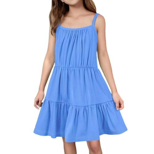 Elegant Spaghetti Träger Sommerkleid Mädchen Baumwolle Kleid Ärmellos Hohe Taille Prinzessinkleid Sommer Strand Schöne Kleider Teenager Baggy Alltag Urlaub Kleidung (Blue, 9-10 Years) von Generic
