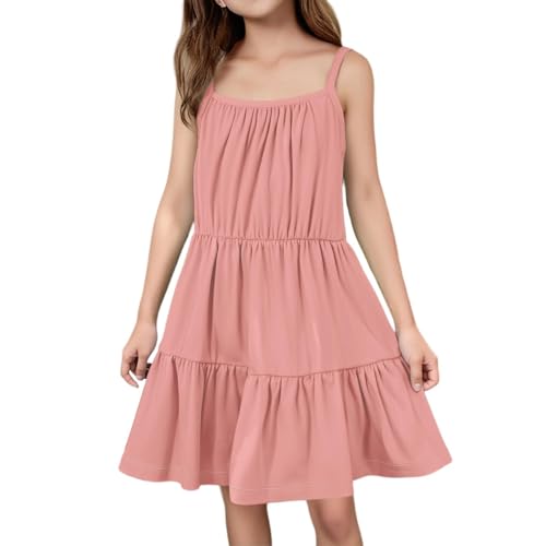 Elegant Spaghetti Träger Sommerkleid Mädchen Baumwolle Kleid Ärmellos Hohe Taille Prinzessinkleid Sommer Strand Schöne Kleider Teenager Baggy Alltag Urlaub Kleidung (Pink, 11-12 Years) von Generic