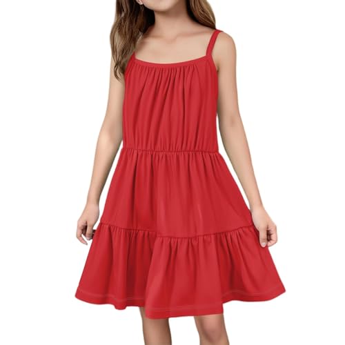 Elegant Spaghetti Träger Sommerkleid Mädchen Baumwolle Kleid Ärmellos Hohe Taille Prinzessinkleid Sommer Strand Schöne Kleider Teenager Baggy Alltag Urlaub Kleidung (Red, 13-14 Years) von Generic