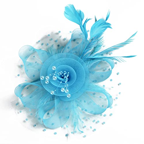 Elegante Blumen-Feder-Perlen-Mesh-Corsage-Haarspange für Partys, Hochzeiten, Braut-Mesh-Haarschmuck, Kopfschmuck, Tiara-Hut, Seeblau von Generic