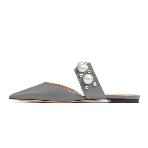 Elegante Flache Sandalen für Damen, Bequeme Slip-On-Sandalen mit geschlossener Spitze und Nieten, leichte breite Riemen Flache Sommer-Strand-Sandalen,Grau,45 EU von Generic