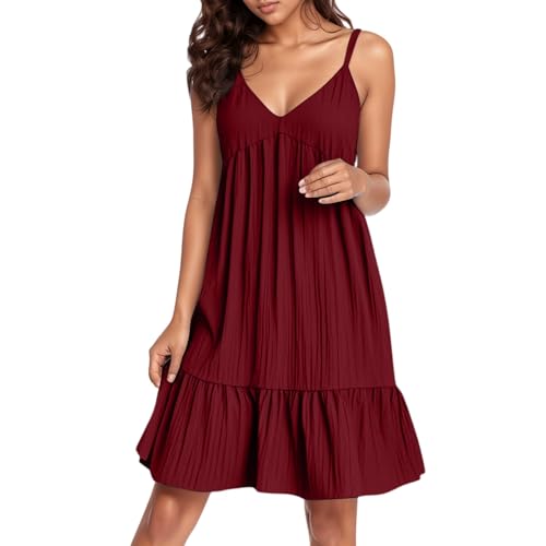 Elegante Kleider Damen Einfarbige Kurz Kleider Frauen Locker Knielang Kleid Swing A-Linie Blusenkleid Leicht Und Luftig Strandkleid Casual Boho Shirtkleid Tunika Cocktailkleid Partykleid von Generic