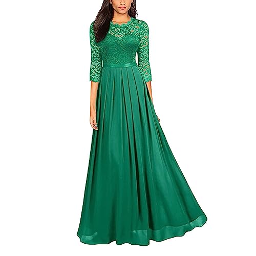Elegante Kleider Damen Maxi Lang Abendkleid Halbarm Rundhals Vintage Spitzenkleid Abendkleider Elegant für Hochzeit Brautjungfernkleider Faltenrock Langes Kleid Cocktailkleid Chiffonkleid mit 3/4 Ärm von Generic