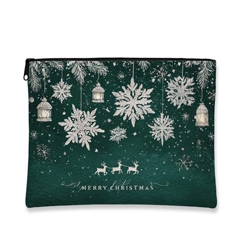 Elegante Kosmetiktasche, grüne Weihnachts-Schneeflocken-Reisetasche für Damen, tragbarer Organizer aus Segeltuch mit Reißverschluss, Kulturbeutel für den Urlaub, grün, 7x9 Inch, Weihnachten von Generic