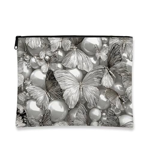 Elegante Make-up-Tasche mit Schmetterlingen, silberfarbene Schmetterlinge, Vintage-Kosmetiktasche für Damen, tragbare kleine Canvas-Reißverschluss-Organizer, perfekte Wahl für Festivals, silber, 7x9 von Generic