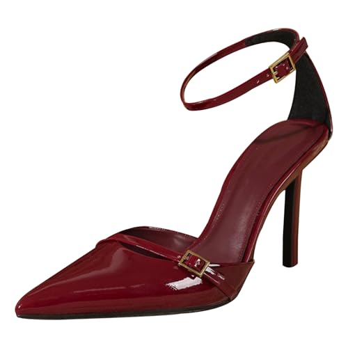 Elegante Sandaletten Damen Spitz Zeh Mit Knöchelriemen, 9.5cm Stiletto Absatz Mit Schnallendetail, Lack-Obermaterial & TPU-Sohle - Perfekt für Büro & Abendevents,Burgundy,38 EU von Generic