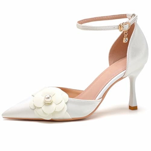 Elegante Satin Brautschuhe 5cm/7cm Stöckelabsatz Mit Perlenknöchelband & Kamelienblüte Spitze Zehen rutschfeste Sohle,White(Heel:5cm),40 EU von Generic