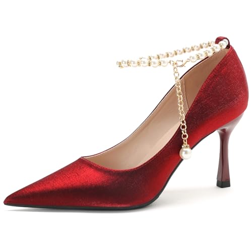Elegante Satin Brautschuhe mit Perlenknöchelband & Goldener Metallabsatz 5cm/7.5cm Spitze Zehen rutschfeste Sohle Hochzeitschuhe Größen 34-44,Burgundy(Heel:7.5cm),43 EU von Generic