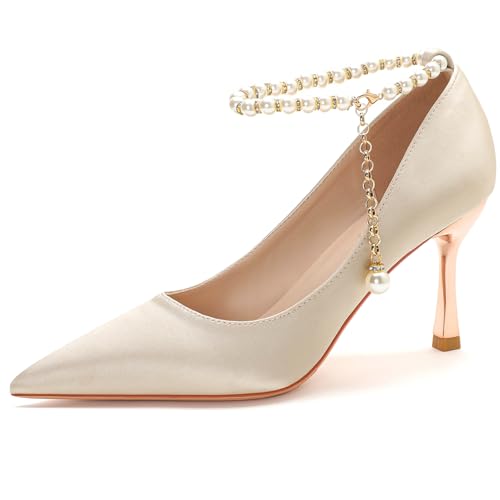 Elegante Satin Brautschuhe mit Perlenknöchelband & Goldener Metallabsatz 5cm/7.5cm Spitze Zehen rutschfeste Sohle Hochzeitschuhe Größen 34-44,Champagne(Heel:7.5cm),38 EU von Generic